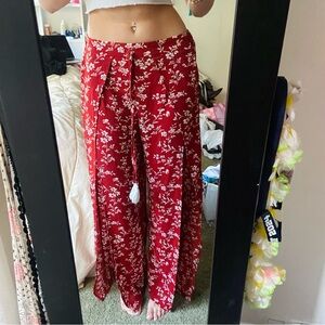 Floral Red Wide-Leg Pants Red / maxi skirt  with side slit